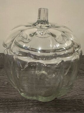 Vintage Anchor Hocking Clear Glass Pumpkin Candy/Cookie Jar With Lid
